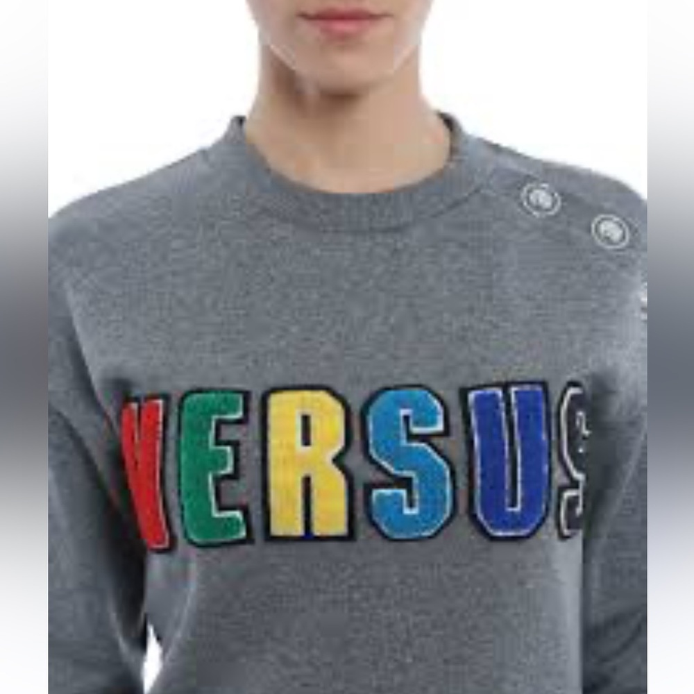 Versus By Versace Gray Crewneck Sweater Sweatshirt Multicolor Logo Patches M